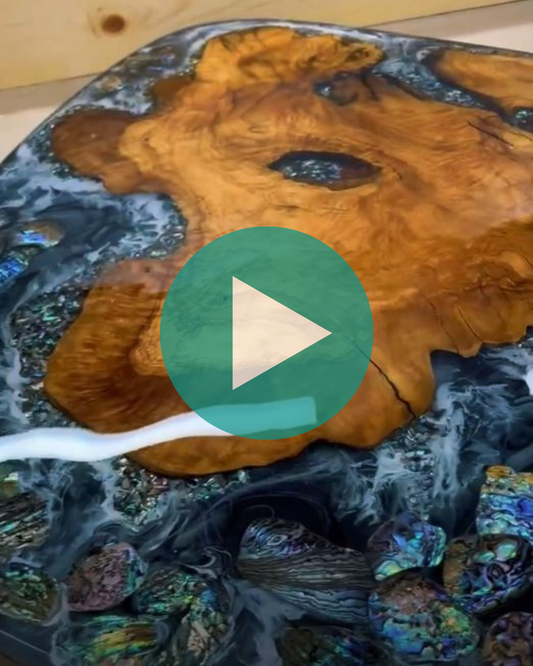 In the Studio: Spreading the Top Coat on Our Abalone & Resin Table